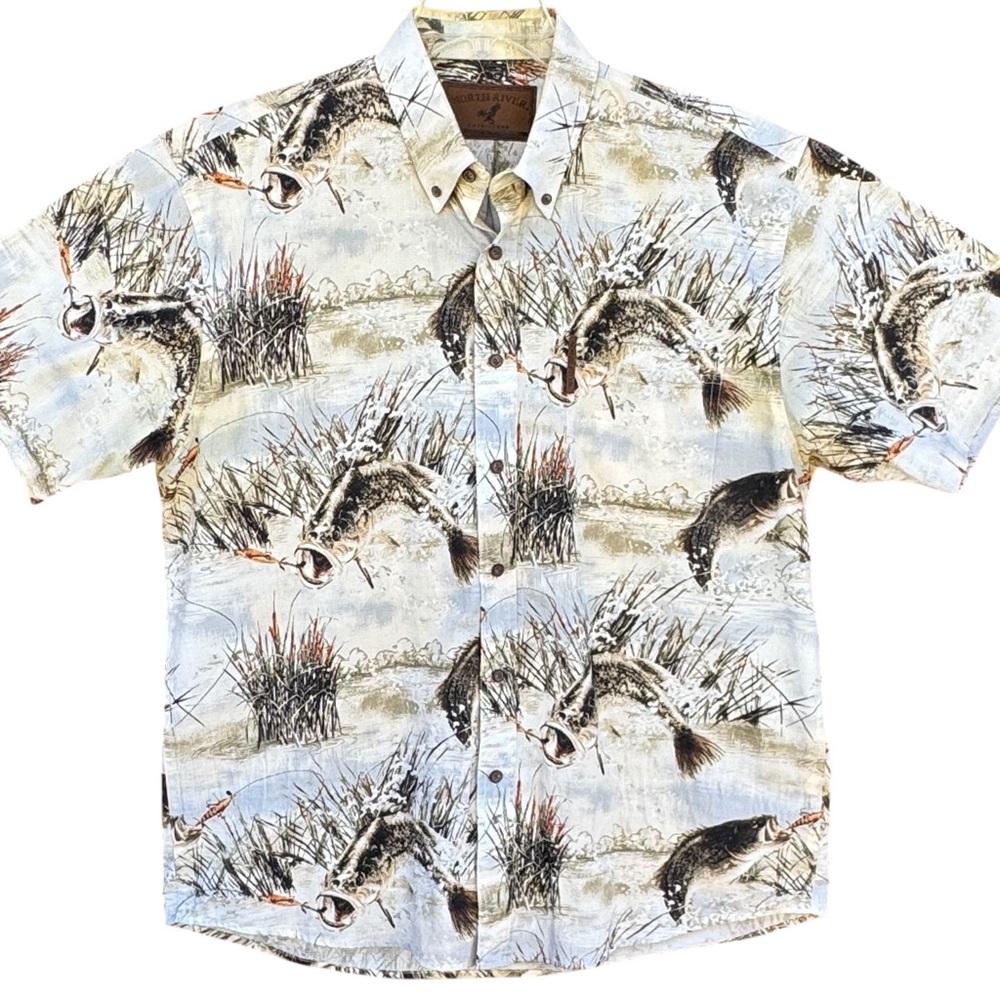 North River Outfitters Fishing Fly Fish collared button down Size L brown grey